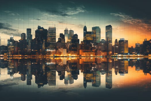 photograph of a cityscape nightlight skyline.