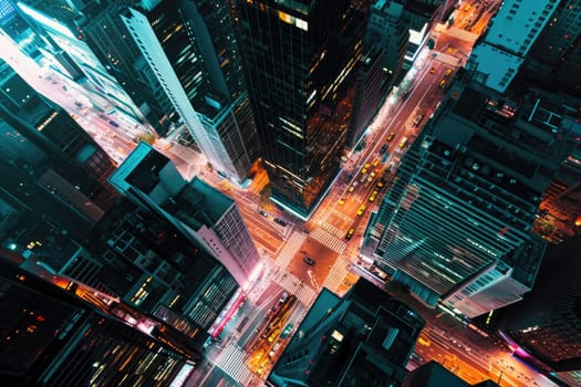 Aerial view of a city street at night time, long exposure of the car lights.