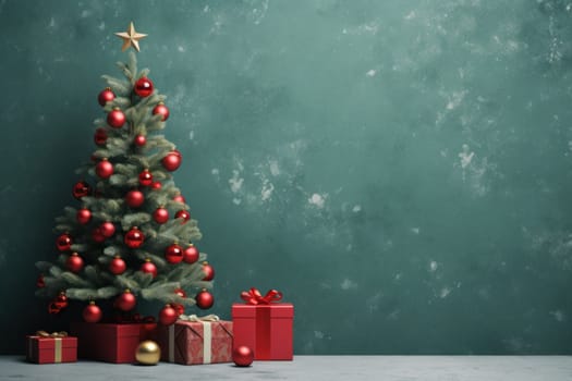 Christmas Tree Winter with Gift Boxes green Background for advertising.