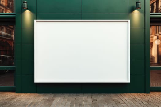 A mock up photo of an empty white sign hanging on a store front Generative AI.