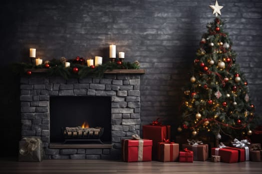 Beautiful Christmas tree in decorated living room. Festive interior.