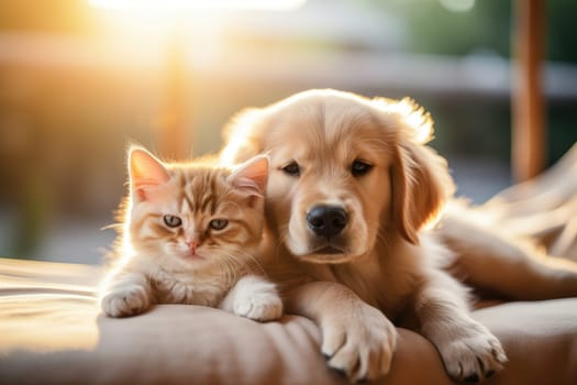 Puppy and kitten, Close up cat and dog together lying Generative AI.