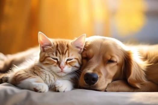 Puppy and kitten, Close up cat and dog together lying Generative AI.