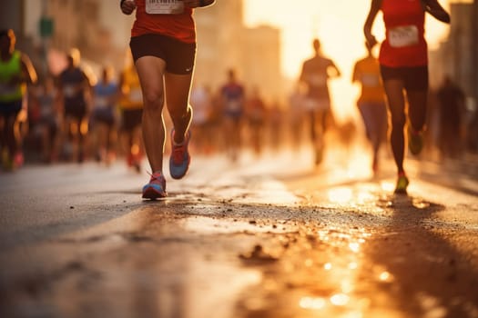 Marathon running in the light of evening, running on city road detail on legs, Athletes.