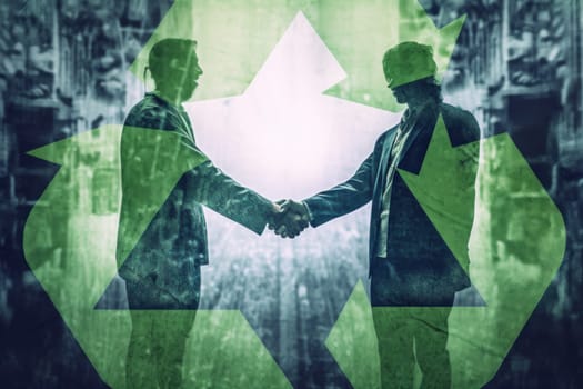 Partners shaking hands and recycling symbol, double exposure, Recycle Concept.