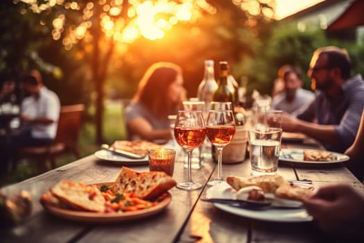 Happy friends having fun outdoor. Group of friends having backyard dinner party together.
