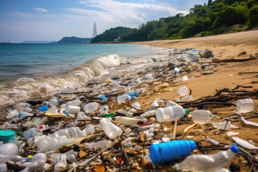 Shoreline tainted by plastic waste. Polluted beach with garbage.