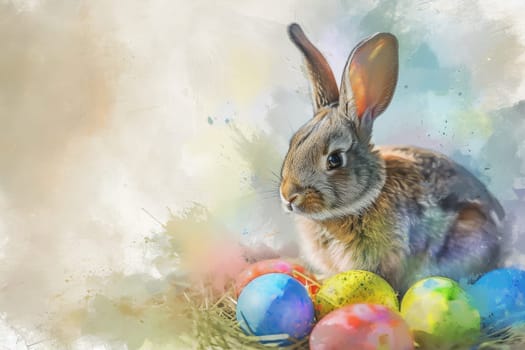 Adorable Easter Bunny With Easter Eggs, colorful Easter eggs, banner and wallpaper, watercolor.
