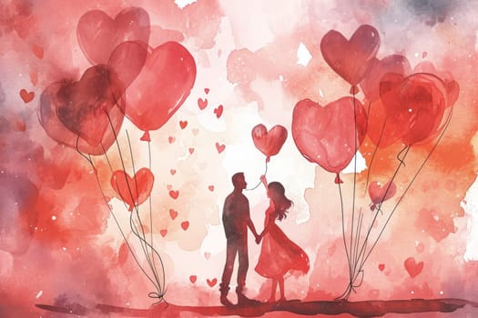 Valentine's Day banner with a watercolor style backdrop with adorable couples and heart balloons.