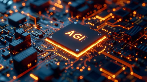 AGI - artificial general intelligence - microchip on black circuit board with orange glow, dedicated AI hardware concept