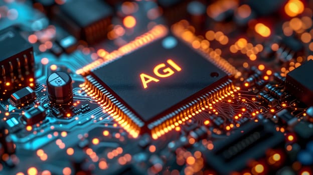 AGI - artificial general intelligence - microchip on black circuit board with orange glow, dedicated AI hardware concept