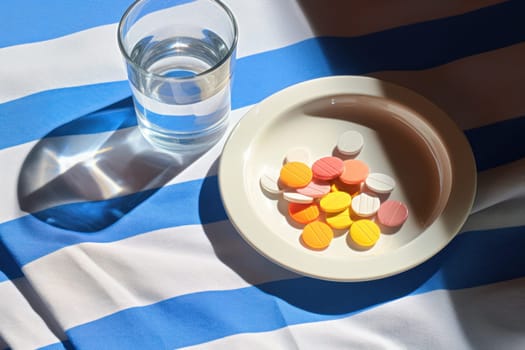 Photo of a medicine pills in a dish and glass of water with condensation.