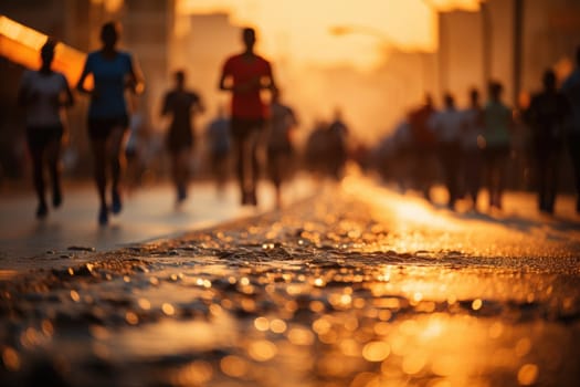 Marathon running in the light of evening, running on city road detail on legs, Athletes.