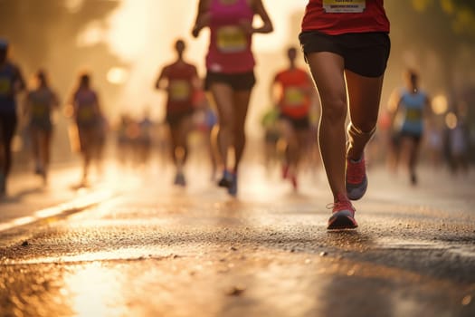Marathon running in the light of evening, running on city road detail on legs, Athletes.
