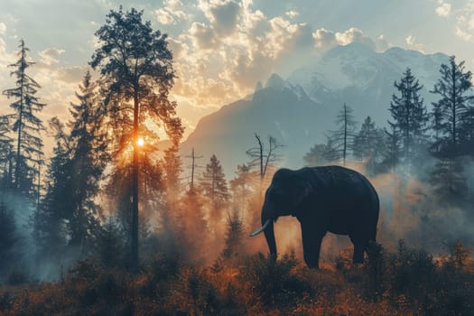 elephant in the forest, Wildlife background, silhouette elephant in the forest.