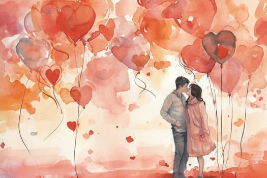 Valentine's Day banner with a watercolor style backdrop with adorable couples and heart balloons.