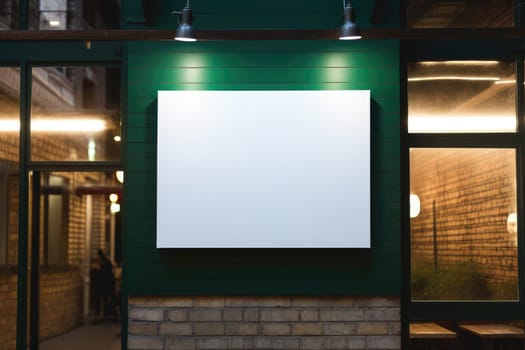A mock up photo of an empty white sign hanging on a store front Generative AI.