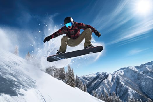 Snowboarder jumping through air with deep blue sky in background. Winter sport background..