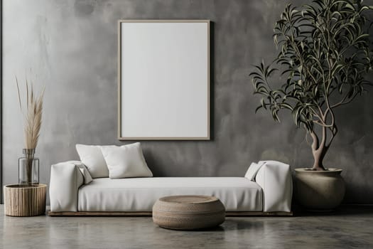 Mock up canvas poster on molding wall in minimal living room.