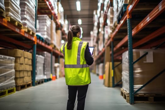 Women in large warehouse taking inventory with tablet, AI Generative.