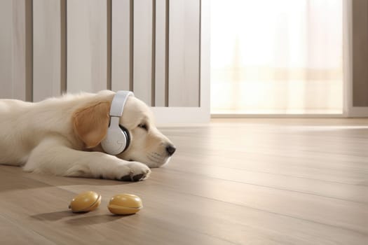 photo of a dog napping wearing earphone, comfortably lying on a floor, AI Generative.