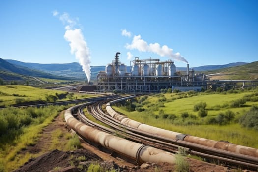 Steam rising from geothermal power plants built near natural hot springs.