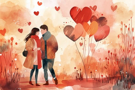 Valentine's Day banner with a watercolor style backdrop with adorable couples and heart balloons.