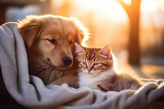 Puppy and kitten, Close up cat and dog together lying Generative AI.