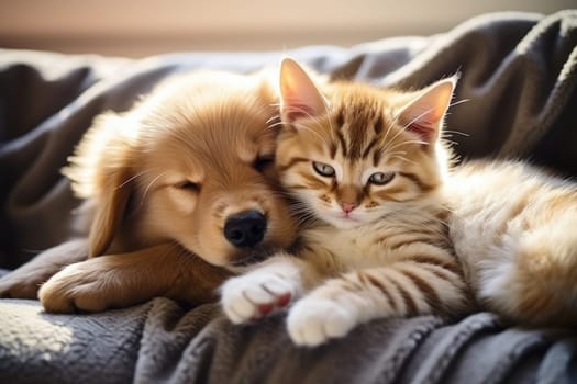 Puppy and kitten, Close up cat and dog together lying Generative AI.