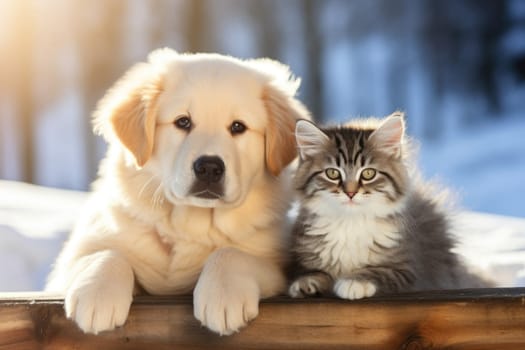 Puppy and kitten, Close up cat and dog together lying Generative AI.