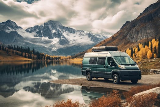 Aerial view, camper van and view of Mountain.