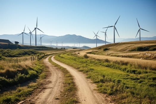 A wind farm with massive wind turbines.
