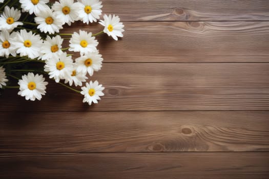 White daisy flowers gypsophila on wood table with copy space, minimal lifestyle concept.