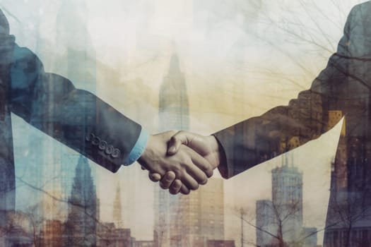 Double exposure on business people closing a deal with a handshake.