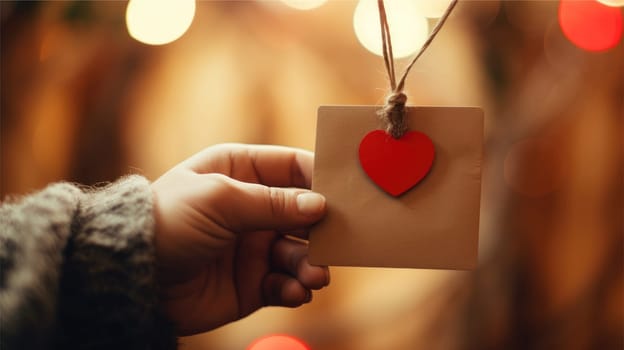 A hand holding a valentine gift tag, Romantic gift surprise, Valentines day, AI Generative.