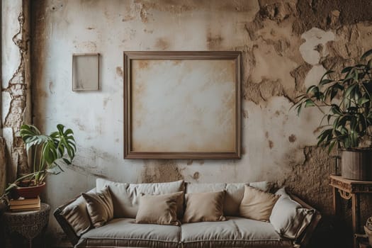 Mock up canvas poster on molding wall in minimal living room.