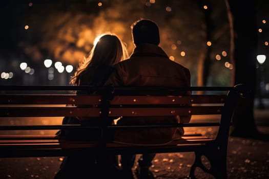 Couple in love sitting on a park bench, Romantic, holding hand, at night, AI Generative.