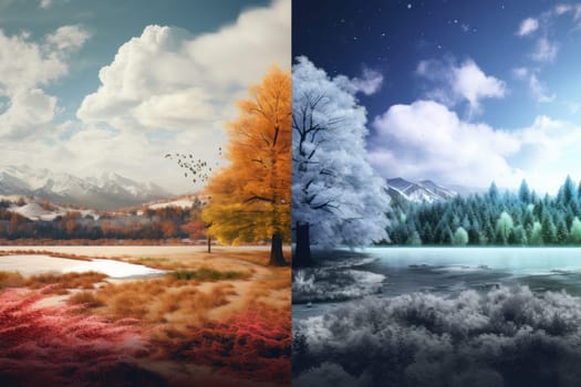 Abstract collage with mixed different sides of tree with changing seasons, Summer vs Winter.