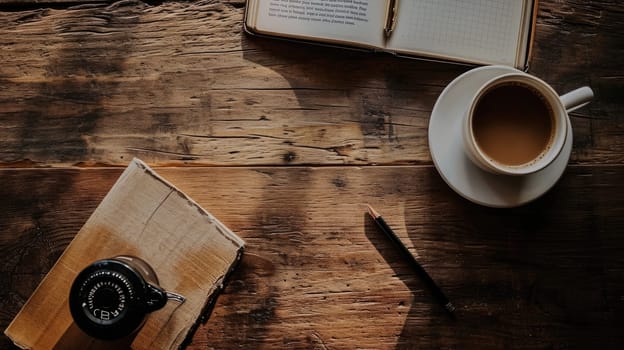 vintage working desk with coffee, coffee break and relax after work, vintage style.