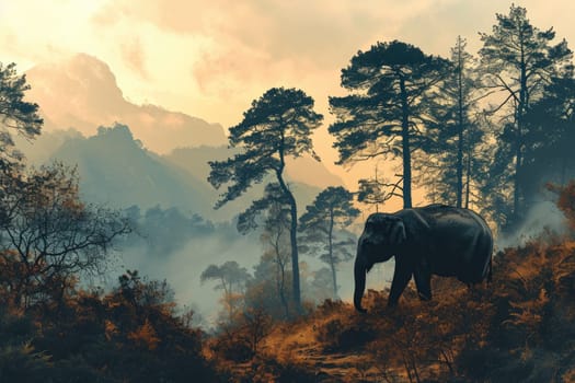 elephant in the forest, Wildlife background, silhouette elephant in the forest.