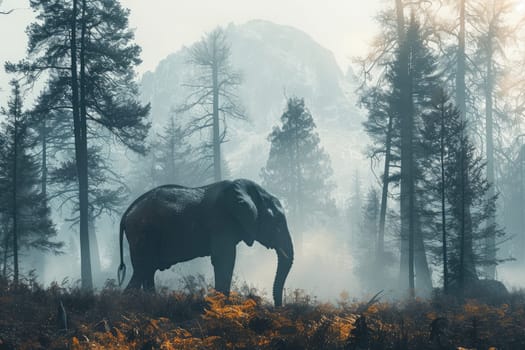 elephant in the forest, Wildlife background, silhouette elephant in the forest.