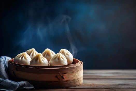 Steaming dumplings in a bamboo basket on a wooden surface.