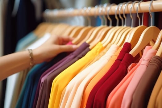 Close up of Female Hands Plucked Hanger Choosing Clothes in a Clothing Store, Generative AI.