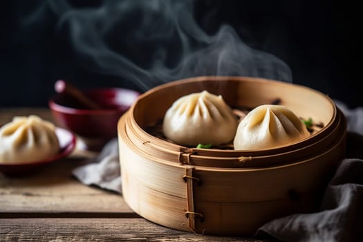 Steaming dumplings in a bamboo steamer on wooden table