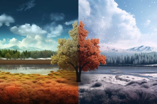 Abstract collage with mixed different sides of tree with changing seasons, Summer vs Winter.