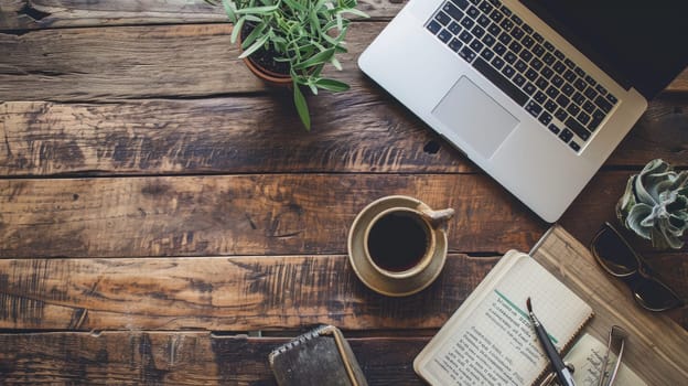 vintage working desk with coffee, coffee break and relax after work, vintage style.