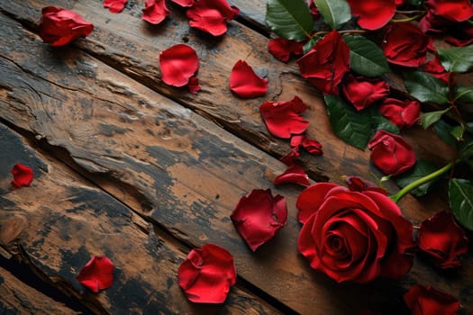 Rustic wooden background with a Valentine's theme with rose, Greeting card with copy space.