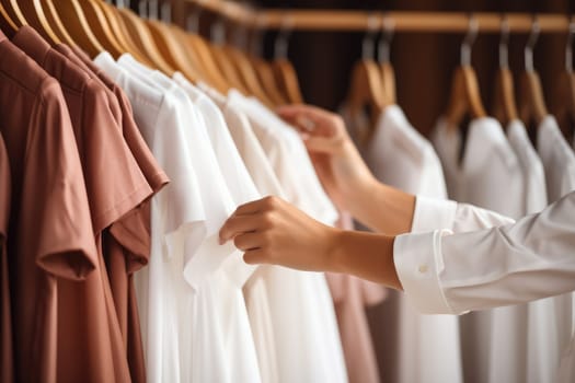 Close up of Female Hands Plucked Hanger Choosing Clothes in a Clothing Store, Generative AI.