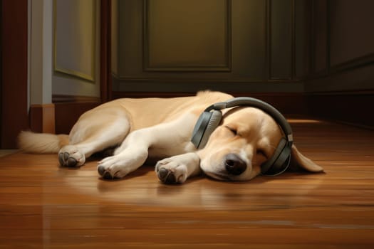 photo of a dog napping wearing earphone, comfortably lying on a floor, AI Generative.