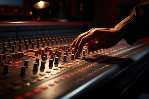 Close up of person hand on sound mixing console, buttons on audio mixer, AI Generative.